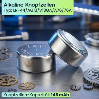 Preview: 20er-Spar-Set LR44 AG13 Alkaline Knopfzellen 1,5V Batterien, 145 mAh hohe Kapazität, langlebige Uhrenbatterien für Spielzeug und Taschenrechner