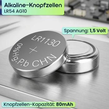 Preview: 20er-Set Alkaline-Knopfzellen LR54 AG10, 1,5V 80 mAh, Quecksilber- und Cadmiumfrei – Zuverlässige Batterien für Uhren, Taschenrechner & Kleingeräte