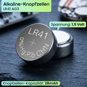 Preview: 20er-Set Alkaline Knopfzellen LR41 AG3 1,5V 28mAh hochwertige Batterien quecksilberfrei für Uhren Taschenrechner Spielzeug und Hörgeräte