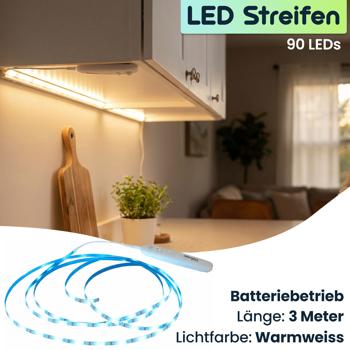Preview: 2er-Set 3m LED Streifen warmweiss mit Bewegungsmelder & Batteriebetrieb - Selbstklebendes Lichtband, Nachtlicht Stripe, 90 LEDs, 5W