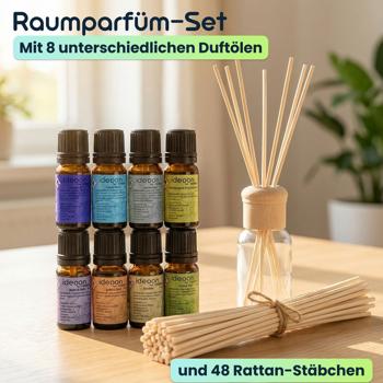 Preview: Raumparfüm-Set mit 8 Duftölen & 48 Rattan-Stäbchen