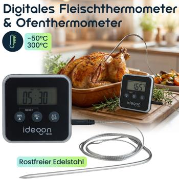 Preview: Digitales Fleischthermometer & Ofenthermometer mit Timer bis 300 Grad, Kabelgebundenes Braten- und Grillthermometer, für BBQ, Grill, Smoker, Backofen