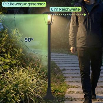 Preview: Solar-LED-Gartenlaterne mit PIR Bewegungssensor 90° & 6m Reichweite, IP44 Wasserfest, E27 Filament Lampe, 3 Modi, 111,5 cm, Aussenleuchte