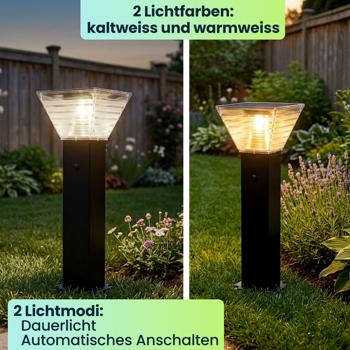 Preview: Premium Solar Säulen-Wegeleuchte 60cm aus Aluminium in Schwarz, 300lm, IP65 wasserfest, 360° Abstrahlung, 2 Lichtfarben & Leuchtmodi, Gartenlampe