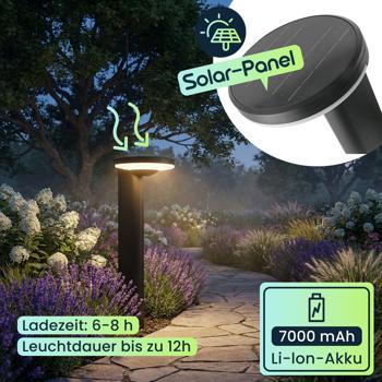 Preview:  Premium Solar Säulen-Wegeleuchte aus Aluminium in Schwarz, 300lm helle SMD-LEDs, Dämmerungssensor & 2 Leuchtmodi, wetterfeste Gartenlampe modern