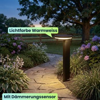 Preview: Premium Solar Säulen-Wegeleuchte aus Aluminium in Schwarz, 300lm helle SMD-LEDs, Dämmerungssensor, wetterfeste Gartenlampe modern