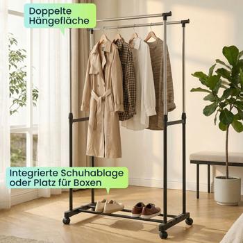 Preview: Mobiler Kleiderständer mit Doppel-Kleiderstange - 80 cm Breite - Höhenverstellbar von 90 bis 160 cm - Stabiler Garderobenständer für Ihre Kleidung