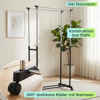 Preview: Mobiler Kleiderständer mit Doppel-Kleiderstange - 80 cm Breite - Höhenverstellbar von 90 bis 160 cm - Stabiler Garderobenständer für Ihre Kleidung