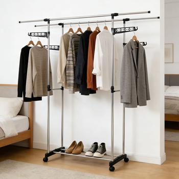 Preview: Mobile clothes rack with double clothes rail, extendable & height-adjustable – wardrobe stand with castors, shoe rack and side hanging wings