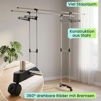 Preview: Mobiler Kleiderständer mit Doppel-Kleiderstange, ausziehbar & höhenverstellbar - Garderobenständer mit Rollen, Schuhablage und seitlichen Hängeflügeln