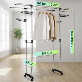 Preview: Mobiler Kleiderständer mit Doppel-Kleiderstange, ausziehbar & höhenverstellbar - Garderobenständer mit Rollen, Schuhablage und seitlichen Hängeflügeln