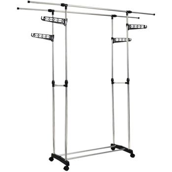 Preview: Mobile clothes rack with double clothes rail, extendable & height-adjustable – wardrobe stand with castors, shoe rack and side hanging wings
