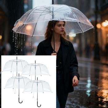 Set of 4 transparent umbrellas with automatic function, 85 cm diameter, clear dome umbrella for women & men, robust stick umbrella with one-hand opening