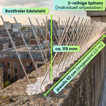 Preview: Effektive 5er-Set Taubenabwehr Spikes, 3-reihig Edelstahl, 2,5m - individuell anpassbar - Robuste Abwehr-Spitzen für optimalen Vogelschutz