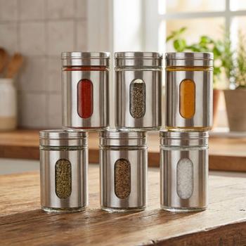 Edler Gewürzstreuer Edelstahl mit Sichtfenster im 6er-Set, 94ml Vorratsdose für Gewürze Kräuter Salz Pfeffer Streuer mit 3 verstellbaren Lochgrössen