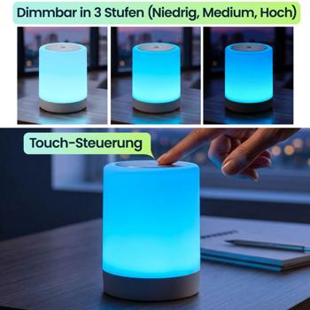 Preview: Akku Tischlampe mit Touch-Steuerung, 6 bunten Lichtfarben und Warmweiss, Bequemes Laden per USB-C, Praktischer integrierter Bügel zum Aufhängen