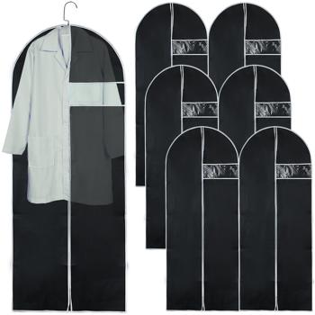 Set of 6 black garment covers with zipper and viewing window, garment bag for suits, costumes, dresses, protective cover with clothes hanger opening