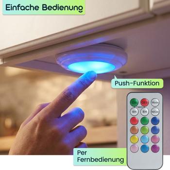 Preview: 4er-Set LED Push-Lichter mit Fernbedienung: 12 Farben, Farbewechsel - Klebe-Leuchten für Schrank, Regale, Vitrine - Nachtlicht dimmbar mit Timer