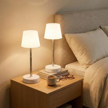 2er-Set Edle LED Tischleuchte dimmbar & aufladbar: Akku Nachttischlampe modern, Höhe verstellbar, warmweiss - kabellose Leselampe in Edelstahl-Design