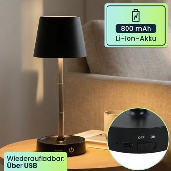 Preview: 2er-Set Edle LED Tischleuchte dimmbar & aufladbar: Akku Nachttischlampe modern, Höhe verstellbar, warmweiss - kabellose Leselampe in Edelstahl-Design