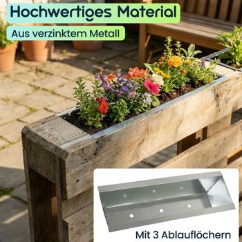 Preview: Premium Pflanzkasten für Europaletten aus verzinktem Metall, Paletteneinsatz mit 3 Ablauflöchern, Blumenkasten für Palettenmöbel, Silber