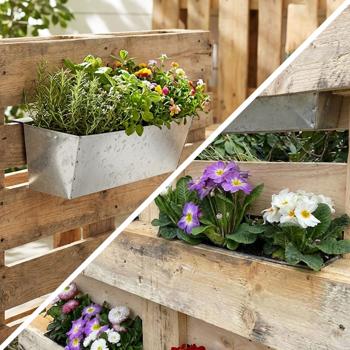 Preview: Set of 4 premium planter boxes for Euro pallets with galvanized metal hanging rail, pallet insert & balcony box for railings up to 2.5 cm wide, silver