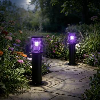 2er-Set Solar Gartenlampe mit Mückenvernichter aus Edelstahl, 2in1 LED Wegeleuchte Schwarz, Warmweiss 300lm & UV Insektenschutz 15lm, IP44, 25 x 60 cm