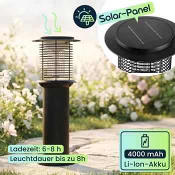 Preview: 4er-Set Solar Gartenlampe mit Mückenvernichter aus Edelstahl, 2in1 LED Wegeleuchte Schwarz, Warmweiss 300lm & UV Insektenschutz 15lm, IP44, 25 x 60 cm