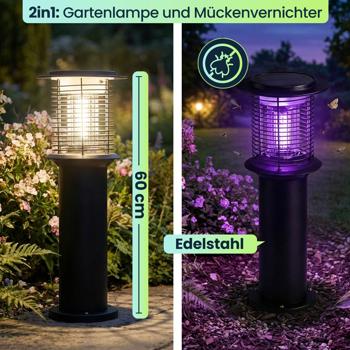 Preview: 6er-Set Solar Gartenlampe mit Mückenvernichter aus Edelstahl, 2in1 LED Wegeleuchte Schwarz, Warmweiss 300lm & UV Insektenschutz 15lm, IP44, 25 x 60 cm