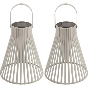 Preview: Set di 2 lanterne solari LED decorative per esterni, moderna lanterna da giardino grigia con maniglia, lampada solare con design a lamelle per balcone e terrazza