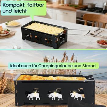Preview: 3er-Set Faltbares Raclette-Teelicht für 1-2 Personen, Raclette Set ohne Strom inkl. Teelichtern und Schaber, Metall mit originell ausgestanzten Kühen, antihaftbeschichtet