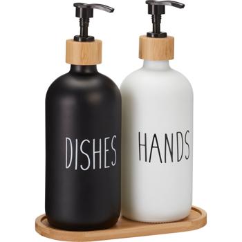 Soap and dish soap dispenser set with bamboo tray, 2 x 500 ml - Pump dispensers (Hands/Dishes) for optimal kitchen organization