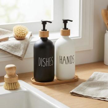 Soap and dish soap dispenser set with bamboo tray, 2 x 500 ml - Pump dispensers (Hands/Dishes) for optimal kitchen organization