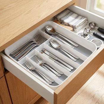 Preview: Besteckeinsatz mit Antirutsch-Boden: Robuster Schubladen-Organizer für Küche - Modernes Weiss-Grau Design