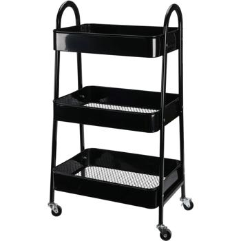 Sturdy black kitchen cart: 3-tier metal serving cart for kitchen, bathroom & office - space-saving, stable utility cart with wheels & 15 kg load capacity