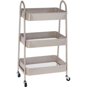 Robust taupe kitchen cart: 3-tier metal serving cart for kitchen, bathroom & office - Space-saving, sturdy multipurpose cart with wheels