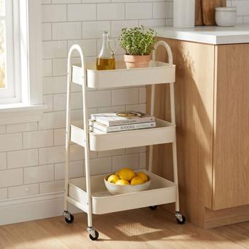 Sturdy White Kitchen Trolley: 3-tier metal serving cart for kitchen, bathroom & office - Space-saving, stable multipurpose cart with wheels 