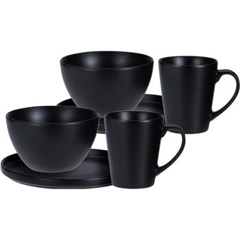 Elegant 6-piece breakfast set in matte black: refined dinnerware set for 2 people - modern tableware for muesli, coffee, brunch, and more.