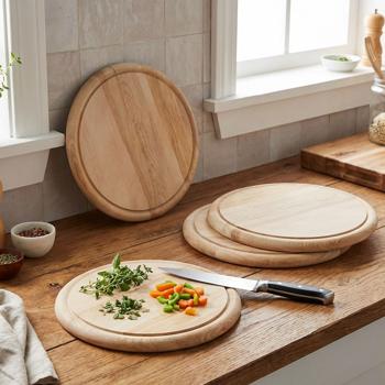 Preview: 4er-Set Edles Schneidebrett rund 25cm - hochwertiges Holz-Frühstücksbrett, Tranchierbrett & Servierteller - Küchenbrett für Feinschmecker