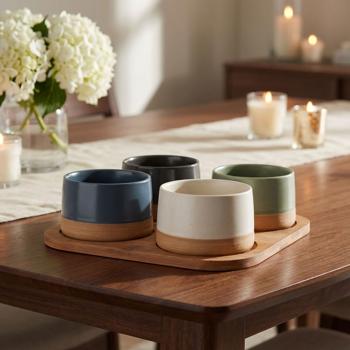 Elegant 5-piece bowl set: dark bamboo tray & 4 colourful stoneware dip bowls – mini bowls & snack bowls 9.5 x 4.5 cm – modern, chic & robust