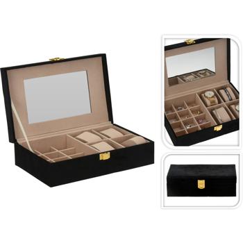 Preview: Elegant black jewelry box: Large jewelry case with mirror, beige velvet lining & gold clip, classy storage, 25 x 16 x 7 cm