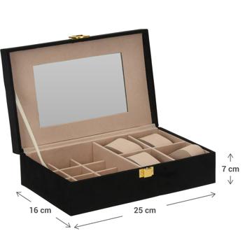 Preview: Elegant black jewelry box: Large jewelry case with mirror, beige velvet lining & gold clip, classy storage, 25 x 16 x 7 cm