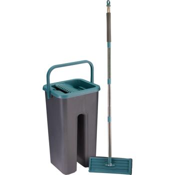 Preview: Mop and bucket with wringer set, double-compartment bucket for clean water, 112 cm metal handle, microfibre mop pad, floor mop for all hard floors