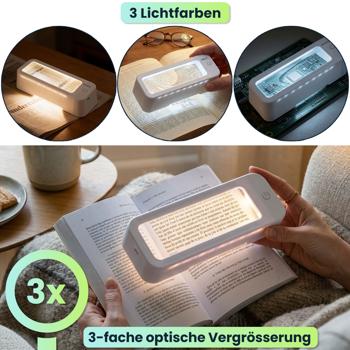 Preview: LED Leselupe mit 3-fach Vergrösserung, dimmbar, 3 Lichtfarben 3000-6500K, Akku bis 10h, USB-C, ideal für Senioren & Sehschwäche, beleuchtete Sehhilfe