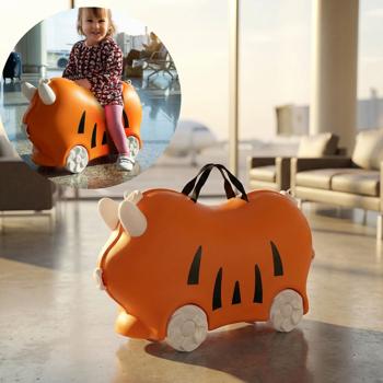 Robuster Kinder Trolley Hartschalenkoffer Orange – Stabiler Koffer mit Sitzfunktion für Mädchen & Jungen, Buntes Kindergepäck mit Rollen