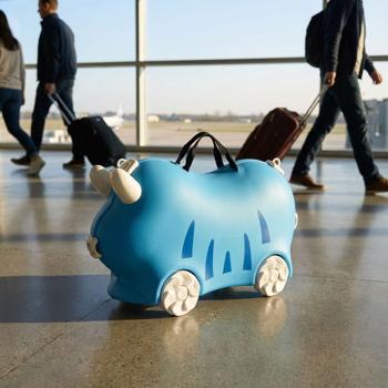 Robuster Kinder Trolley Hartschalenkoffer Blau – Stabiler Koffer mit Sitzfunktion für Mädchen & Jungen, Buntes Kindergepäck mit Rollen