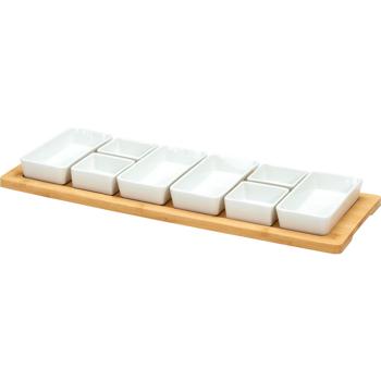 Elegant serving set, 8 porcelain bowls on bamboo tray, white - Tapas & apéro tray for stylish plating & serving