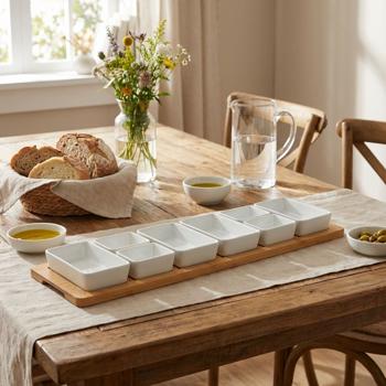 Preview: Elegante set da portata, 8 ciotole in porcellana su vassoio in bambù, bianco - Vassoio per tapas e aperitivo per una presentazione e un servizio eleganti