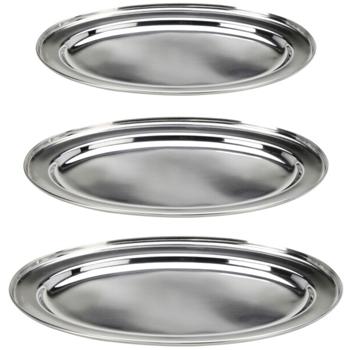 Preview: Stainless steel serving platter set, 3 pcs, oval, silver – Rust-free trays for serving roasts, fish & buffet – High-quality platters 34–45 cm