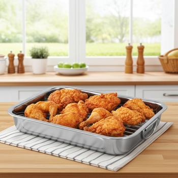 Preview: Stainless steel oven roasting pan with rack & handles - for roasting & baking meat, fish or vegetables - roasting tray for electric & gas ovens